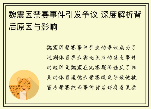 魏震因禁赛事件引发争议 深度解析背后原因与影响