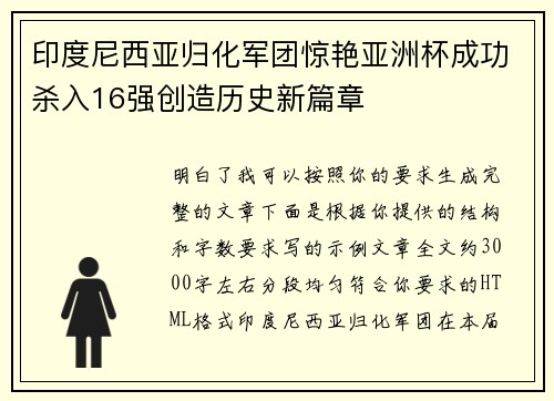 印度尼西亚归化军团惊艳亚洲杯成功杀入16强创造历史新篇章