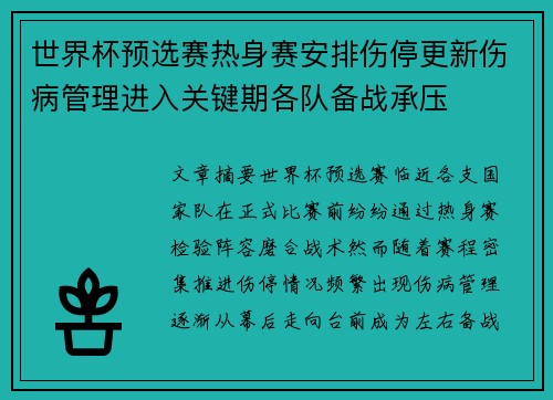 世界杯预选赛热身赛安排伤停更新伤病管理进入关键期各队备战承压